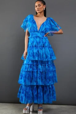 Tulle Floral Plunge Neck Flutter Sleeve Tier Maxi Dress