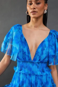 Tulle Floral Plunge Neck Flutter Sleeve Tier Maxi Dress