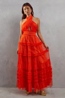 Tulle Halter Shirred Waist Tier Maxi Dress