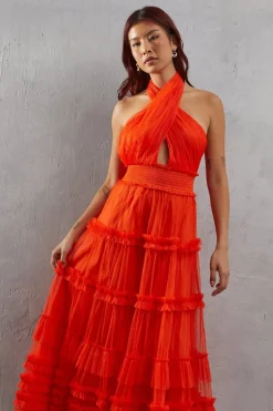 Tulle Halter Shirred Waist Tier Maxi Dress