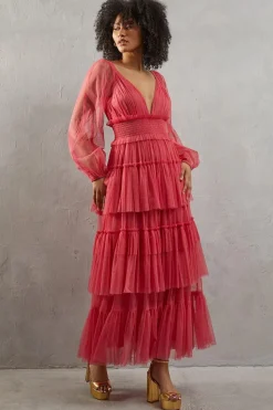 Tulle Plunge Neck Long Sleeve Tier Maxi Dress
