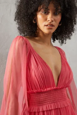 Tulle Plunge Neck Long Sleeve Tier Maxi Dress