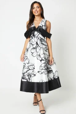 Twill Midi Dress With Pleated Bardot