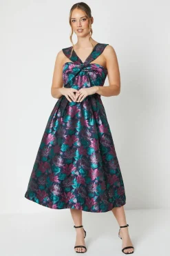 Twist Bodice Jacquard Midi Dress