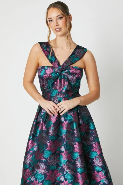 Twist Bodice Jacquard Midi Dress