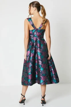 Twist Bodice Jacquard Midi Dress