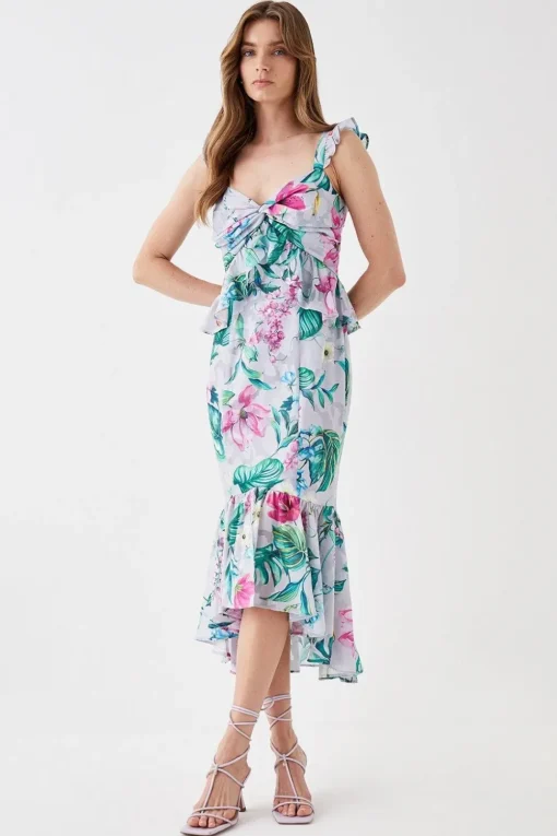 Twist Front Georgette Jacquard Midi Dress