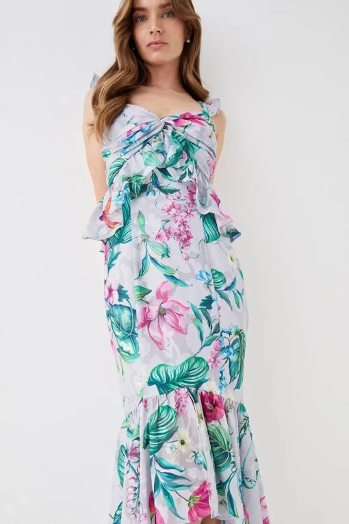 Twist Front Georgette Jacquard Midi Dress