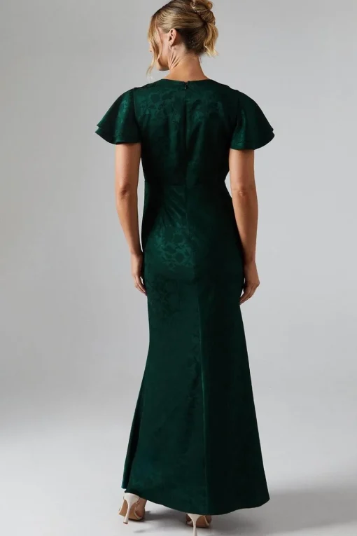 V Neck Angel Sleeve Satin Jacquard Bridesmaids Dress