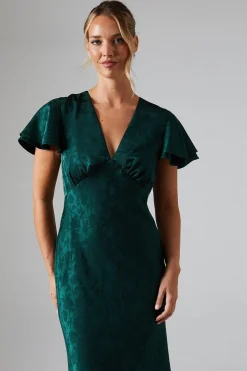 V Neck Angel Sleeve Satin Jacquard Bridesmaids Dress