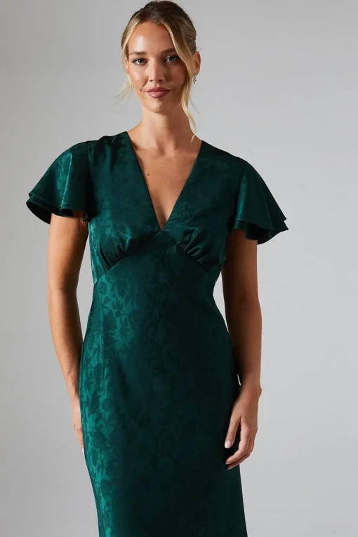 V Neck Angel Sleeve Satin Jacquard Bridesmaids Dress