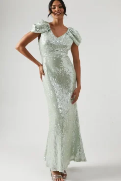 V Neck Draped Shoulder Sequin Bridesmaid Dress