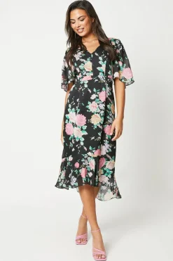 V Neck Fluted Hem Dress