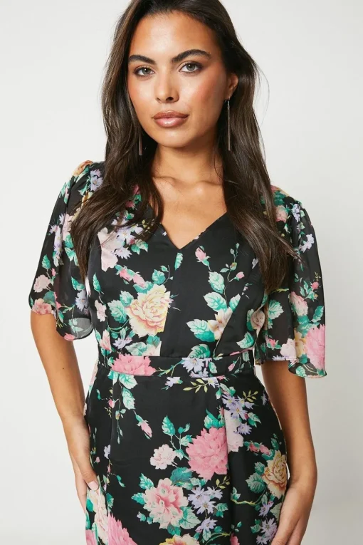 V Neck Fluted Hem Dress