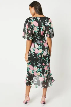 V Neck Fluted Hem Dress