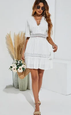 V Neck Lace Mini Dress In Ivory White