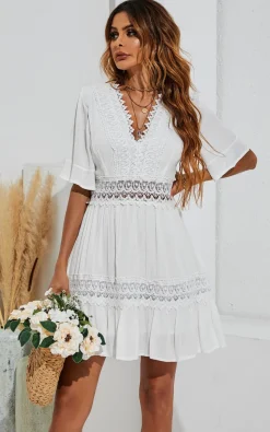 V Neck Lace Mini Dress In Ivory White