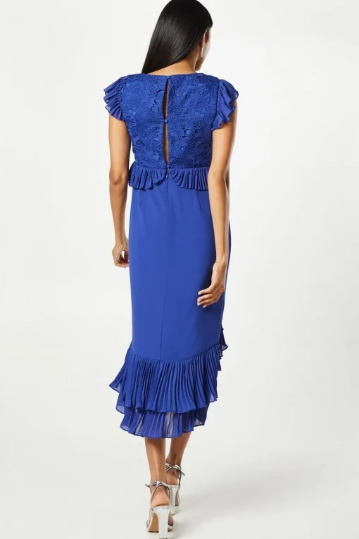 V Neck Pleated Ruffle Georgette Midi Wedding Guest Dress