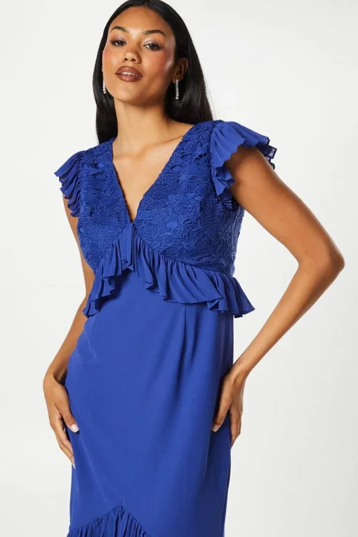 V Neck Pleated Ruffle Georgette Midi Wedding Guest Dress
