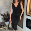 V Neck Ruched Bodycon Midi Dress