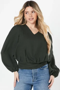 V Neck Shirred Hem Blouse