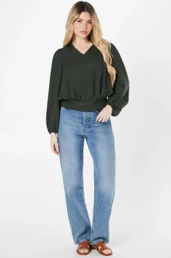 V Neck Shirred Hem Blouse