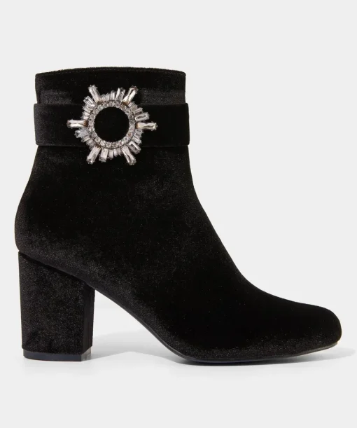Velvet Diamanté Buckle Chunky Ankle Boots