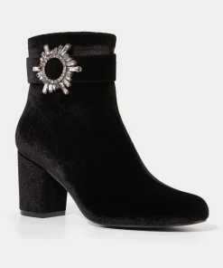 Velvet Diamanté Buckle Chunky Ankle Boots