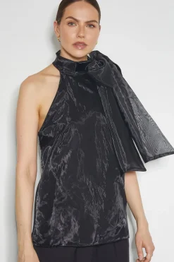 Vera Sleeveless Organza Pussybow Top Black
