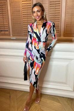 V-Neck Long Sleeve Bodycon Midi Dress