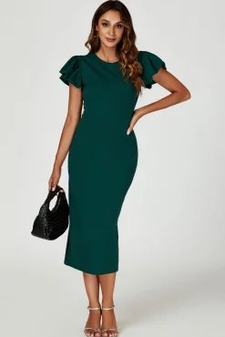 Volume Sleeve Bodycon Midi Dress In Green