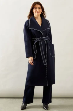 Whip stitch Shawl Collar Belted Coatblack