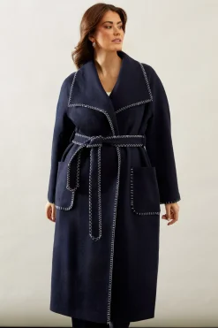 Whip stitch Shawl Collar Belted Coatblack