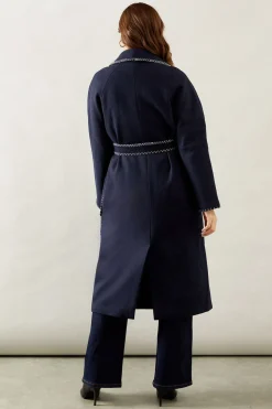 Whip stitch Shawl Collar Belted Coatblack