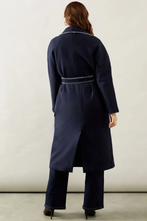 Whip stitch Shawl Collar Belted Coatblack