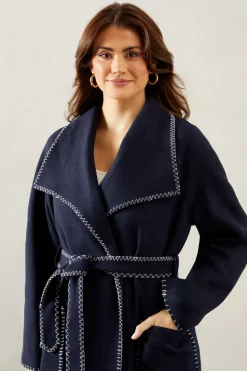 Whip stitch Shawl Collar Belted Coatblack