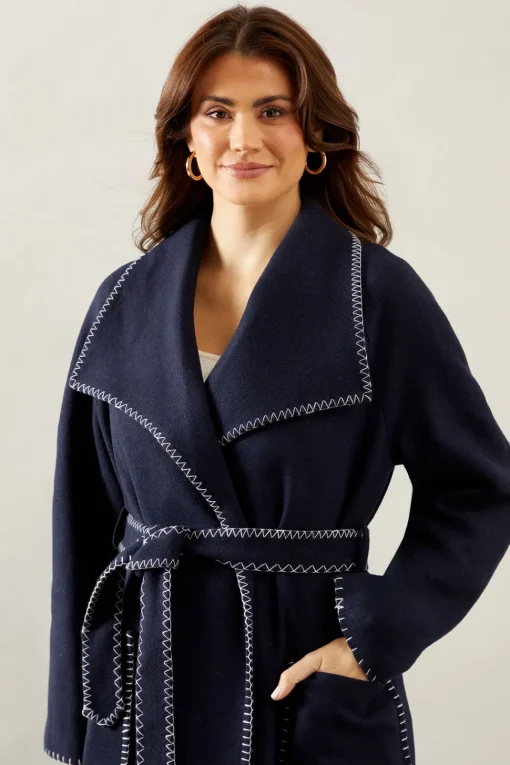 Whip stitch Shawl Collar Belted Coatblack
