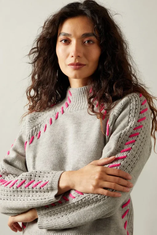 Whipstitch Pointelle Detail High Neck Jumper