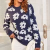 White Flower Pattern Jumper Top In Navy