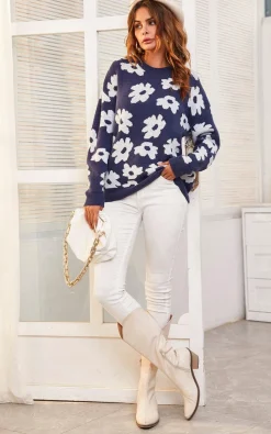 White Flower Pattern Jumper Top In Navy