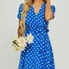 White Polka Dot Print High Waist Wrap Neckline Mini Dress In Blue