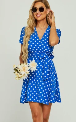White Polka Dot Print High Waist Wrap Neckline Mini Dress In Blue