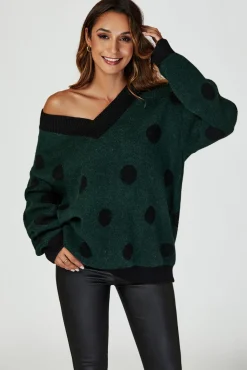 Wool Blended V Neck Jumper In Green & Black Polka Dot