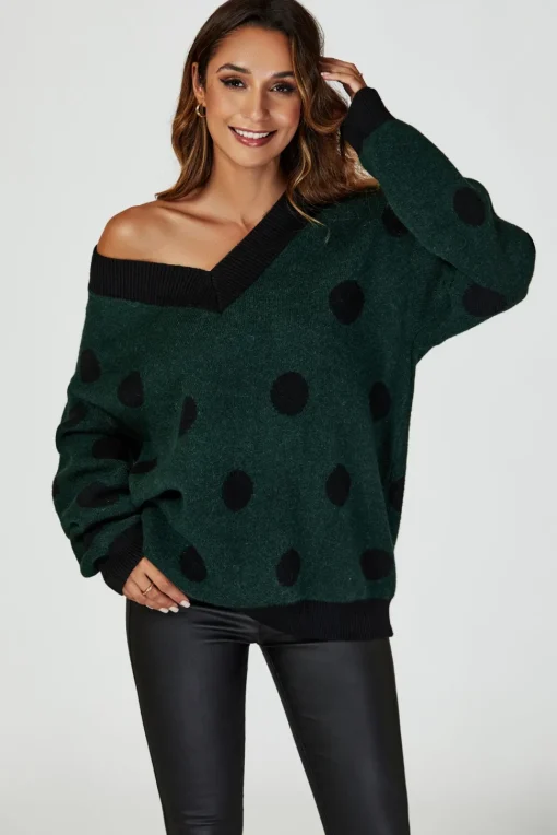 Wool Blended V Neck Jumper In Green & Black Polka Dot