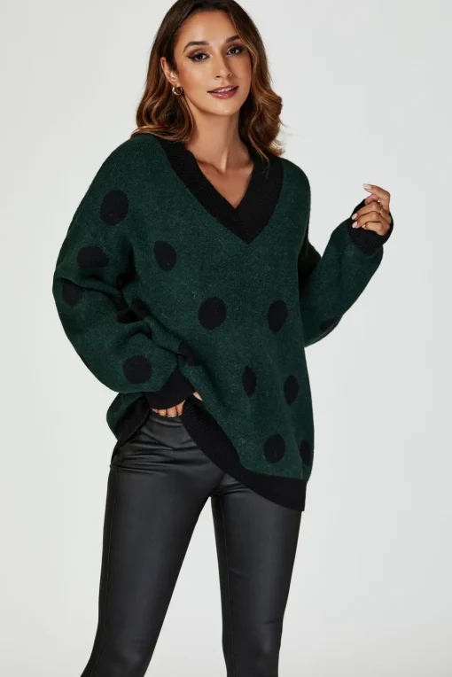 Wool Blended V Neck Jumper In Green & Black Polka Dot