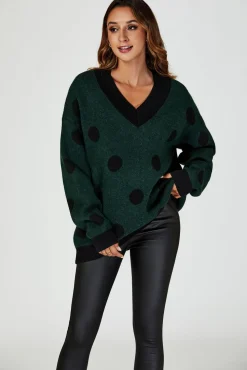 Wool Blended V Neck Jumper In Green & Black Polka Dot