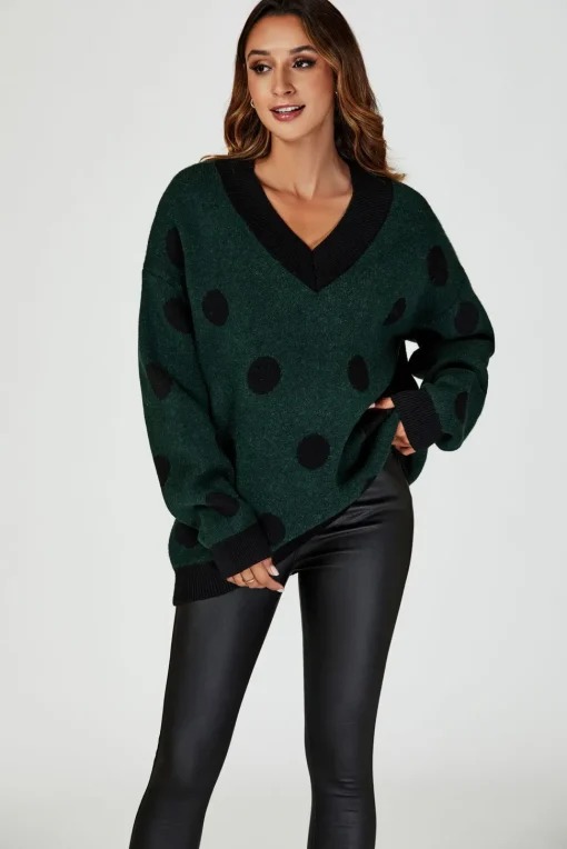 Wool Blended V Neck Jumper In Green & Black Polka Dot