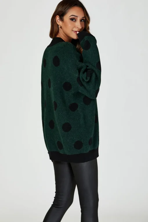 Wool Blended V Neck Jumper In Green & Black Polka Dot