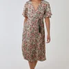 Wrap Front Pleated Hem Dress With Angel Sleeves