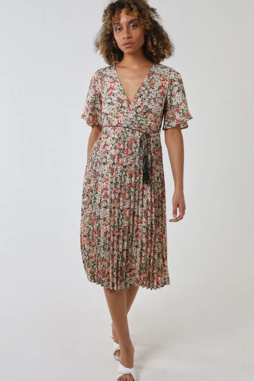 Wrap Front Pleated Hem Dress With Angel Sleeves